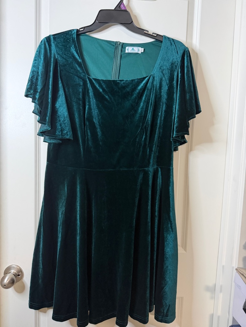 Velvet Flutter-Sleeve Midi Dress in Deep Teal